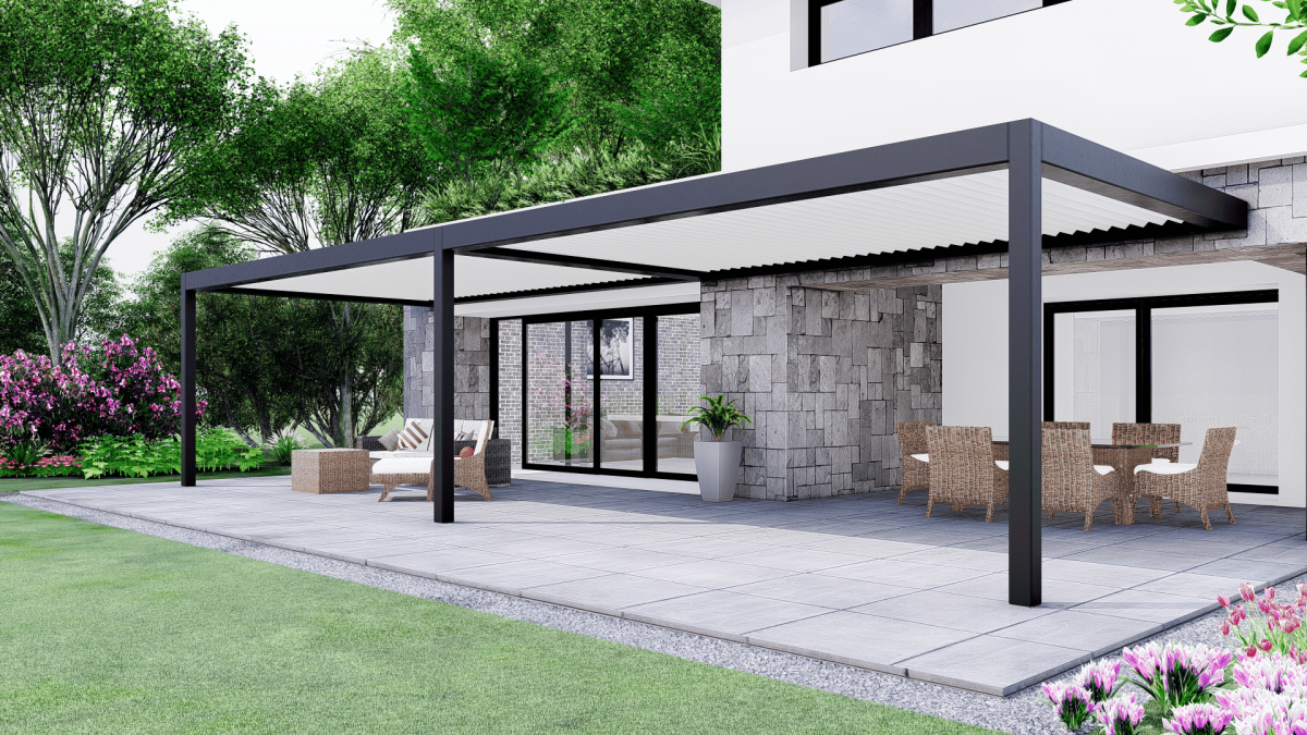 pergola HOME SUN, version ADOSSÉE 2 modules lames perpendiculaires
