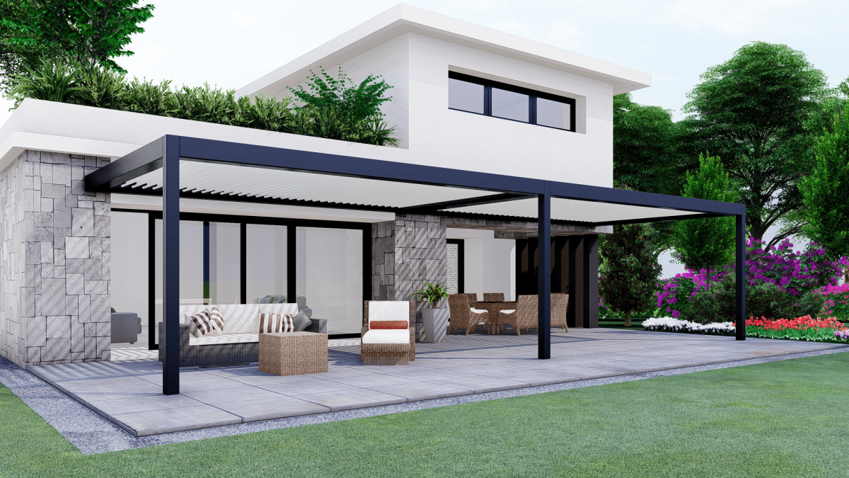 pergola HOME SUN, version ADOSSÉE 2 modules lames perpendiculaires